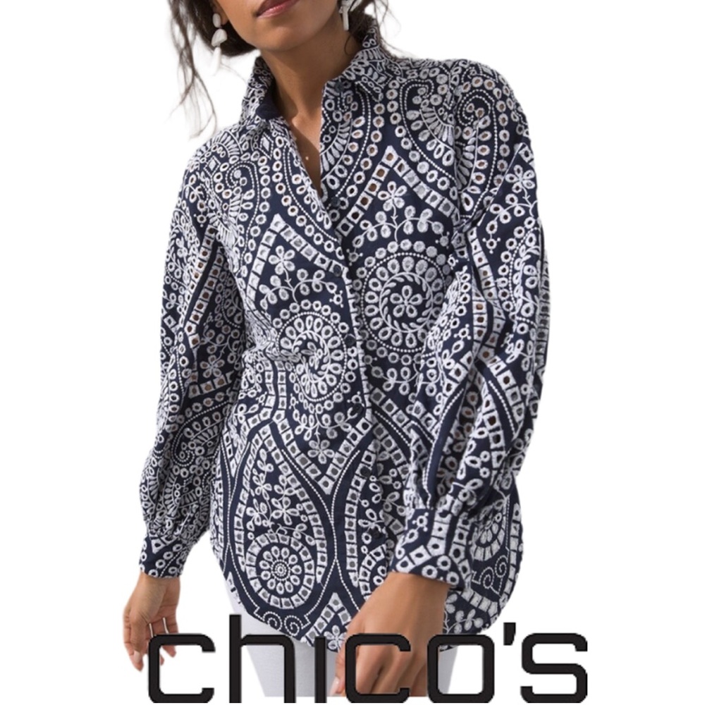 CHICO’S | Eyelet Billow Sleeve Shirt Cotton Button Up Blouse Top Long Sleeve